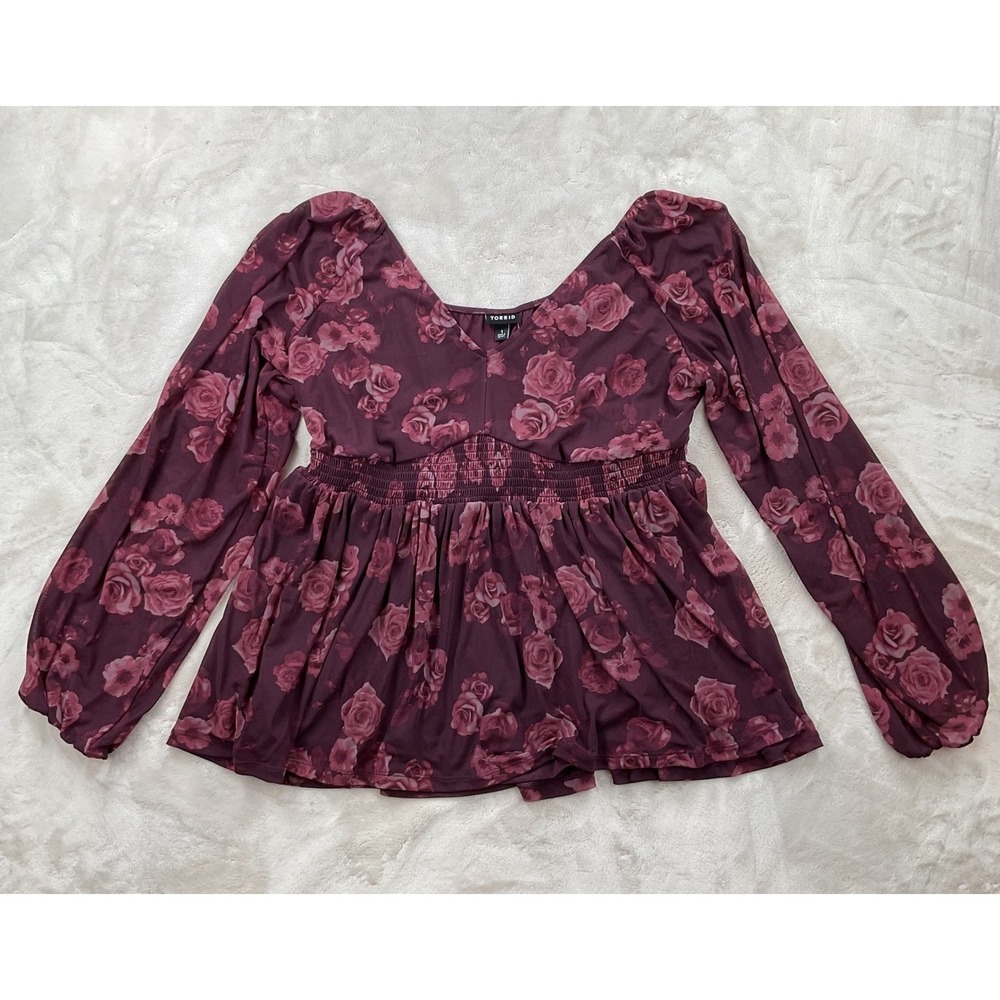 Torrid Women 1X Burgundy Floral Stretch Mesh Smocked Waist Babydoll Top NWT